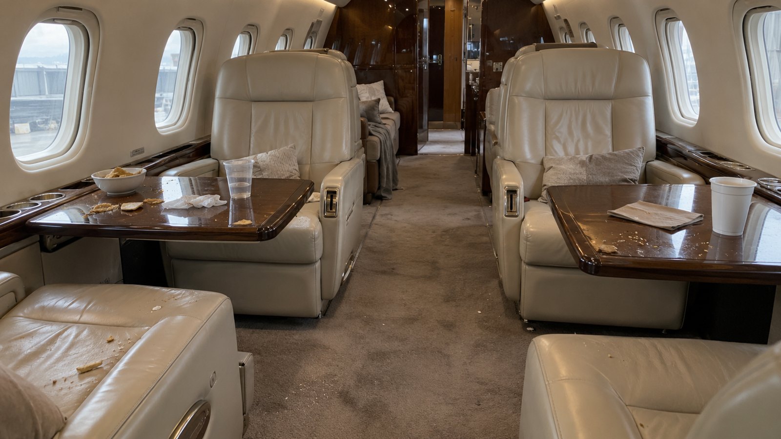 Private jet cabin cleaning example with crumbs on tables and seats and lightly soiled carpet