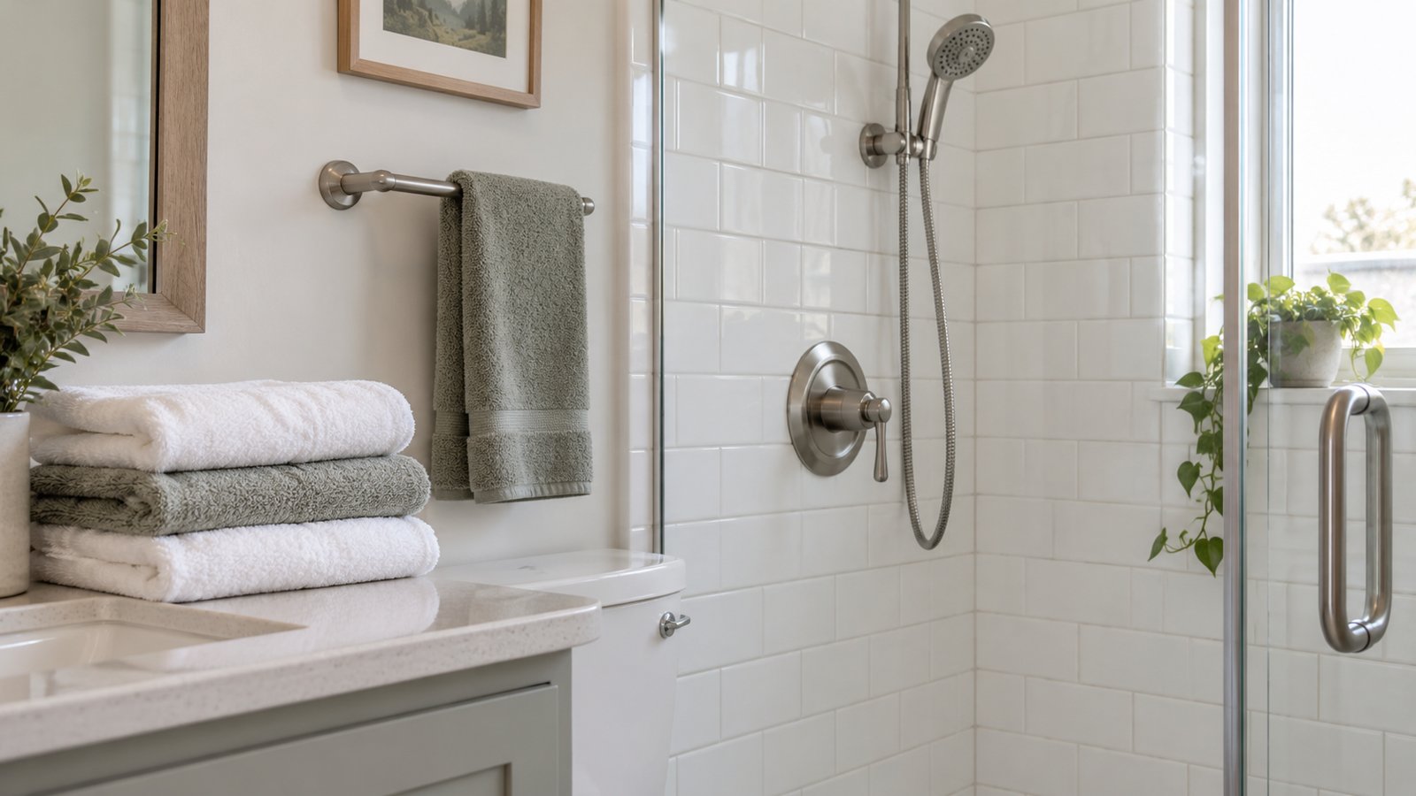 Clean bathroom with fresh towels and glass shower