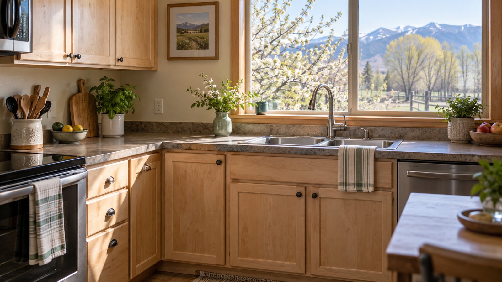 Bright kitchen with wood accents and a spring valley view