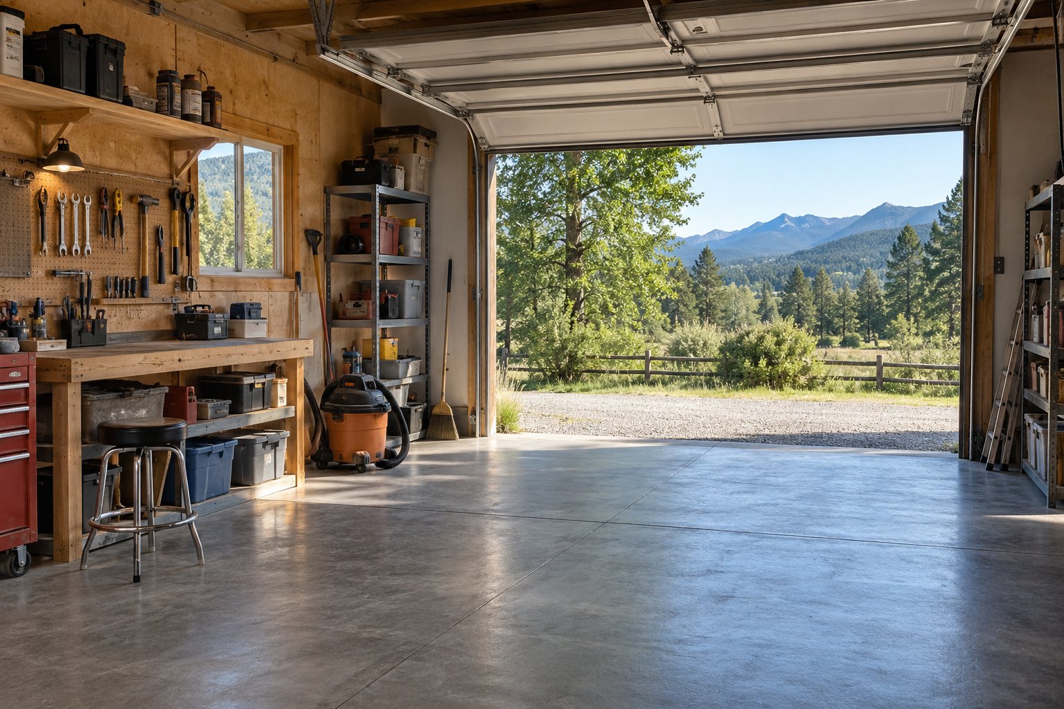 Organized garage and workbench with a summer valley view