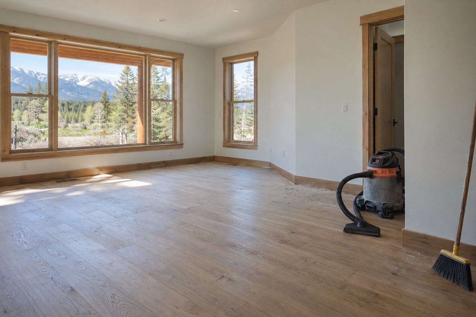 Renovated interior with a shop vacuum and broom